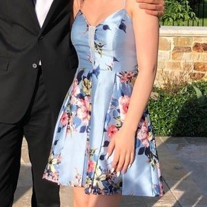 Jovani-size 0, short, blue satin floral printed dress